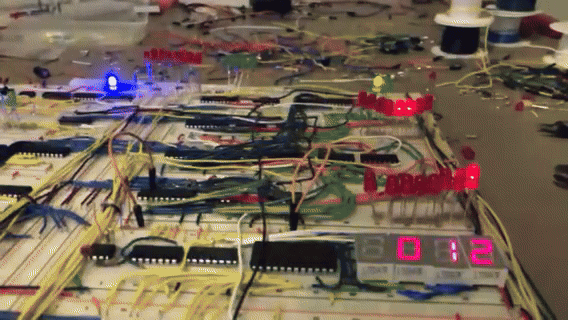 8-bit computer on breadboards running a counting program