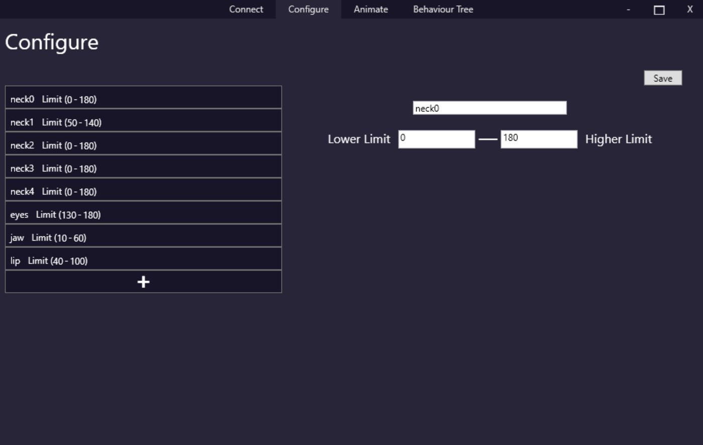 Servo configuration screen in the animatronic software