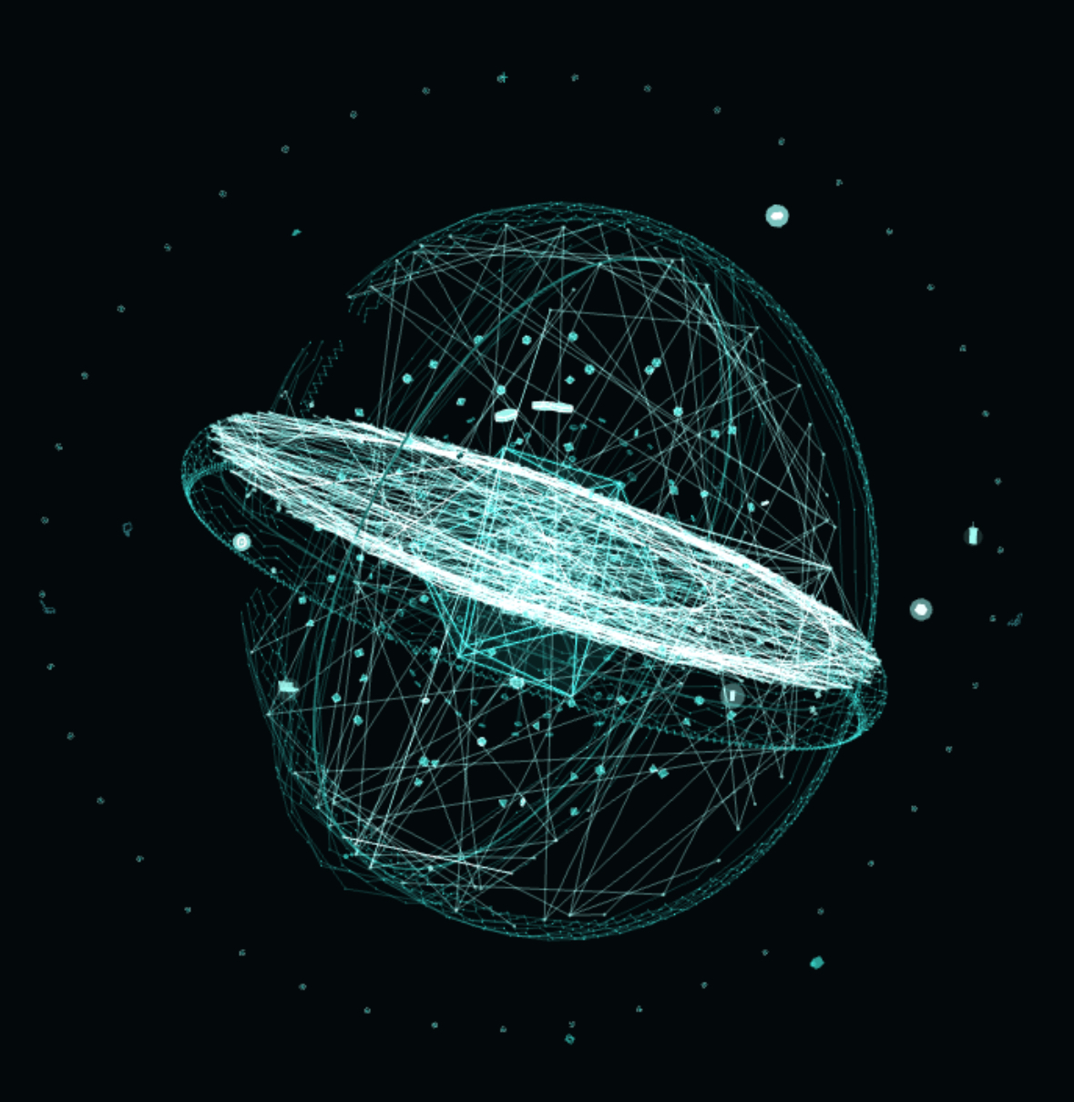 Dark teal wireframe sphere with a ring of connections through it, on a black background