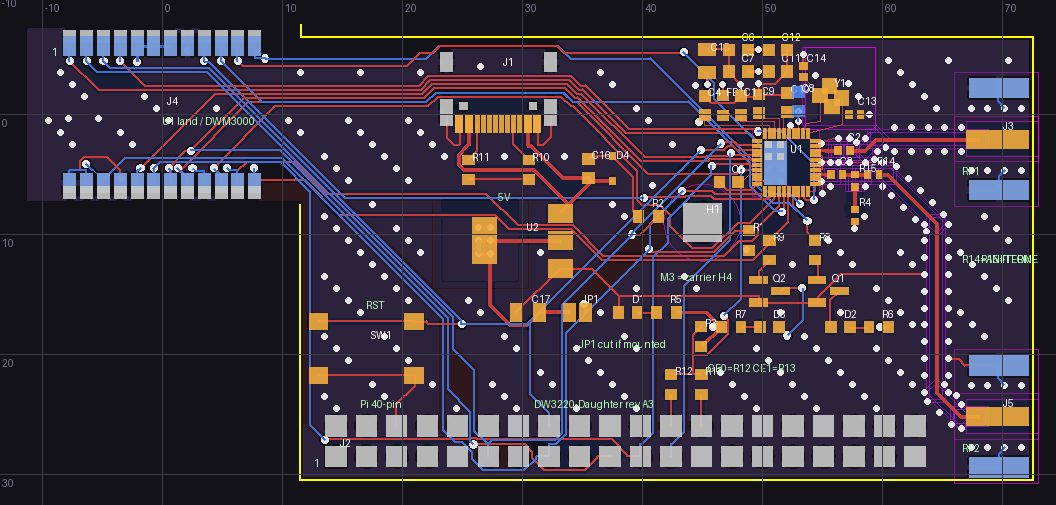 KiCad layout of a UWB tracking circuit board, showing traces, connectors, and the radio chip
